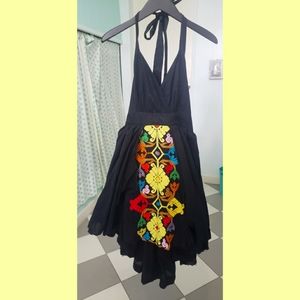 Floreat Halter Dress Anthropologie size 14 black with vibrant embroidery